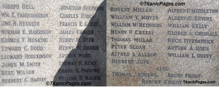 The names on the Titanic Engineers Memorial